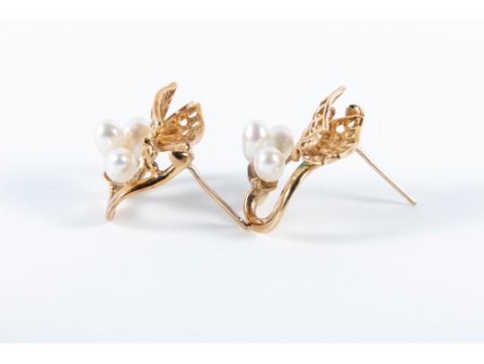 Franklin Mint 14k Yellow Gold Cultured Pearl Butterfly-Motif Earrings And Pendant