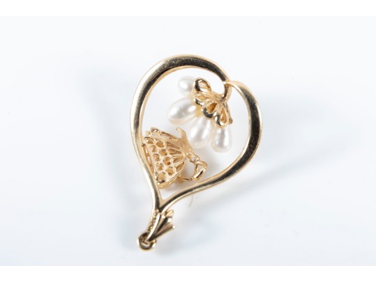 Franklin Mint 14k Yellow Gold Cultured Pearl Butterfly-Motif Earrings And Pendant