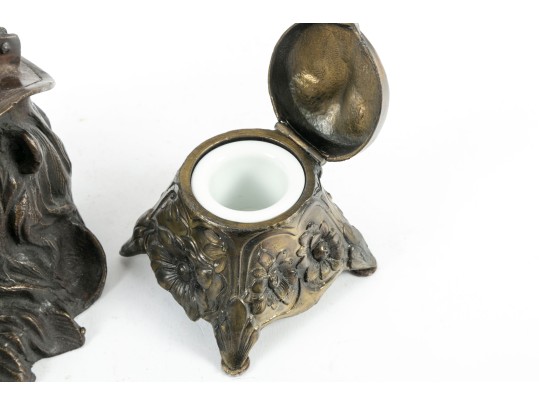 Antique Brass & Bronze Lion Inkwells
