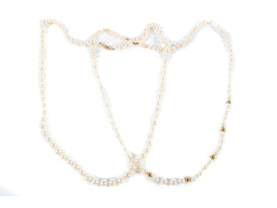 Knotted Cultured Pearl Necklaces, One On A 14k Yellow Gold Clasp