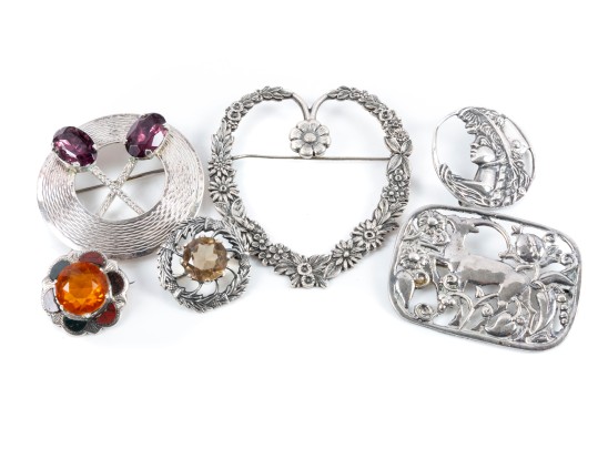 Six Sterling Silver Brooch Pins