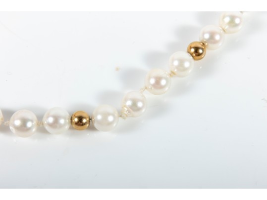 Knotted Cultured Pearl Necklaces, One On A 14k Yellow Gold Clasp