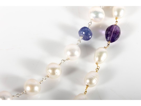 Sterling Silver Cultured Pearl, Amethyst, And Iolite Necklaces