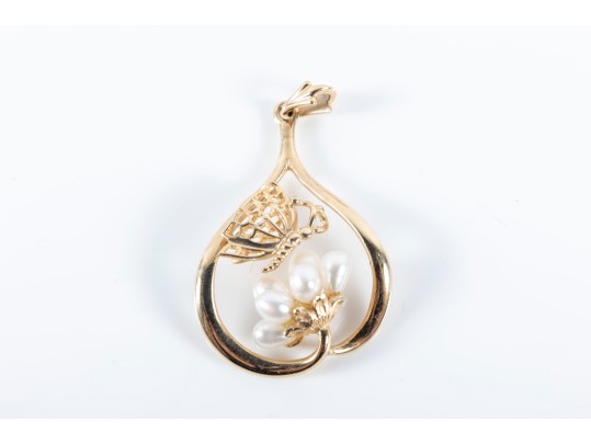 Franklin Mint 14k Yellow Gold Cultured Pearl Butterfly-Motif Earrings And Pendant