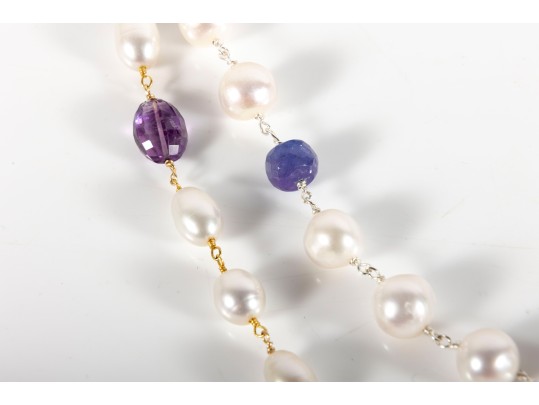 Sterling Silver Cultured Pearl, Amethyst, And Iolite Necklaces