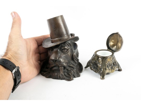 Antique Brass & Bronze Lion Inkwells