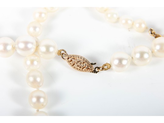 Knotted Cultured Pearl Necklaces, One On A 14k Yellow Gold Clasp