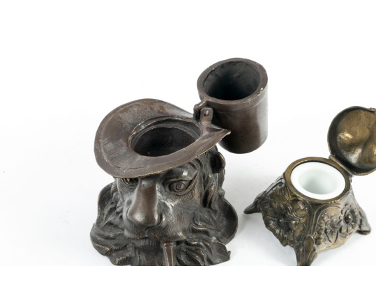 Antique Brass & Bronze Lion Inkwells