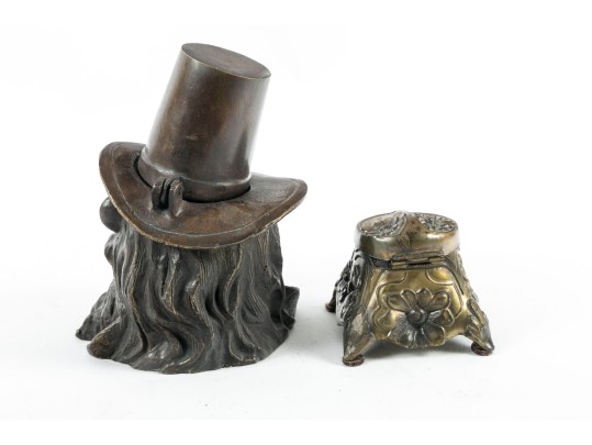 Antique Brass & Bronze Lion Inkwells