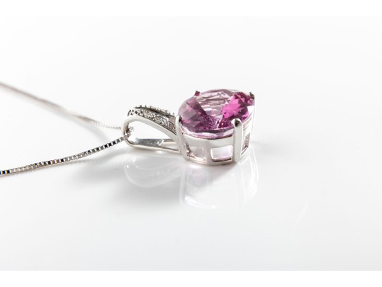 14k White Gold Pink Topaz Doublet And Diamond Pendant Necklace