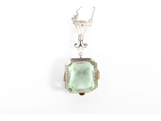 Antique 9K White Gold Uranium Glass Pendant Necklace