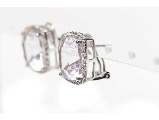 18k White Gold Cushion Fantasy Cut Amethyst And Diamond Halo Earrings