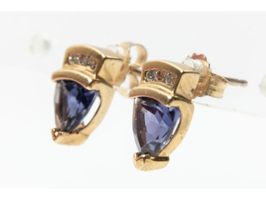 14k Yellow Gold Trillion Tanzanite And Diamond Stud Earrings