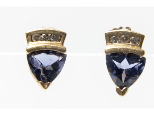 14k Yellow Gold Trillion Tanzanite And Diamond Stud Earrings