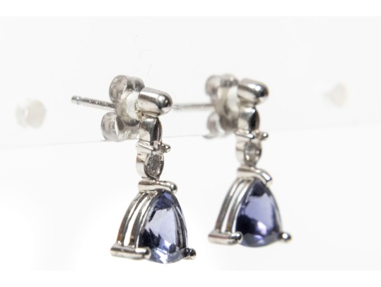 14k White Gold Trillion Tanzanite And Diamond Drop Earrings