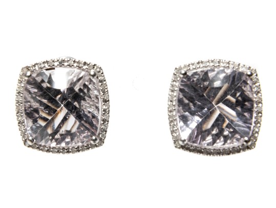 18k White Gold Cushion Fantasy Cut Amethyst And Diamond Halo Earrings