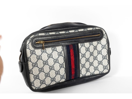 1980's Gucci Monogram Shoulder Bag With Navy Leather