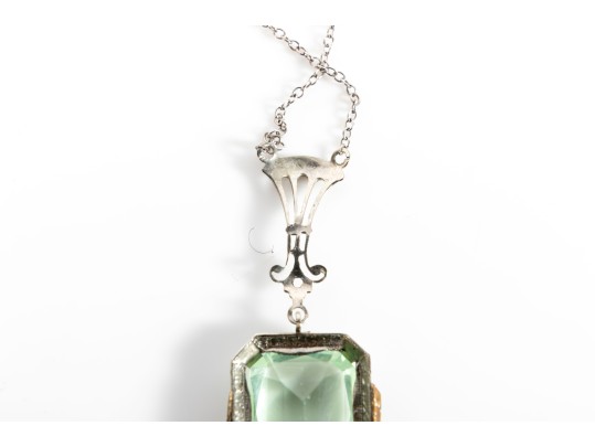 Antique 9K White Gold Uranium Glass Pendant Necklace