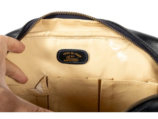 1980's Gucci Monogram Shoulder Bag With Navy Leather