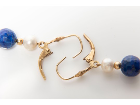 14k Yellow Gold Cultured Pearl And Lapis Lazuli Drop Earrings