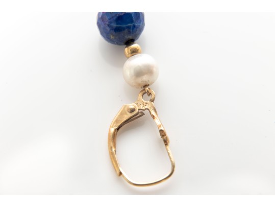 14k Yellow Gold Cultured Pearl And Lapis Lazuli Drop Earrings