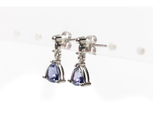 14k White Gold Trillion Tanzanite And Diamond Drop Earrings