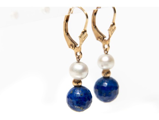 14k Yellow Gold Cultured Pearl And Lapis Lazuli Drop Earrings