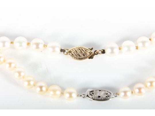 Knotted Culture Pearl Necklaces With 14k Gold Clasps