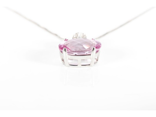 14k White Gold Pink Topaz Doublet And Diamond Pendant Necklace