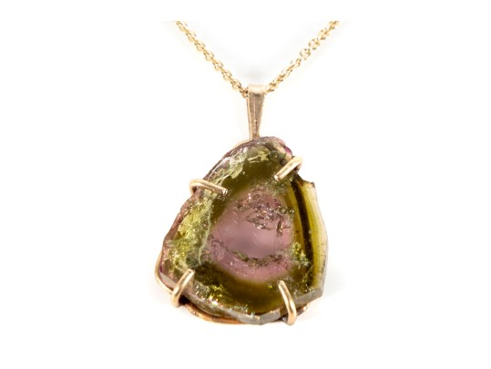 14k Yellow Gold Watermelon Tourmaline Pendant Necklace