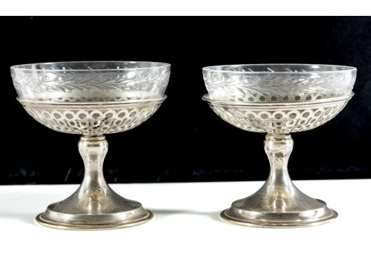 Pair Of Sterling Silver & Glass Dessert Cups