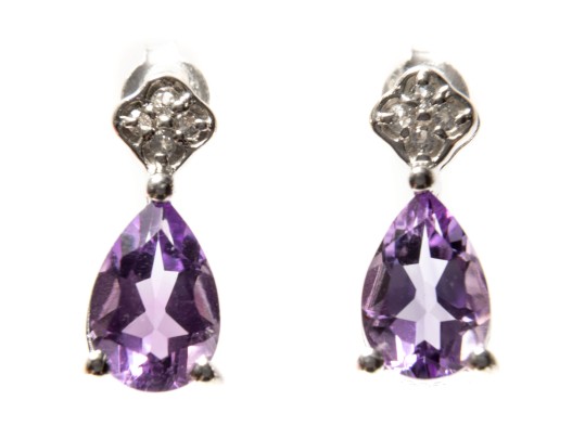 Sterling Silver Pair Of Pretty Pear Amethyst And White Sapphire Pendant Earrings