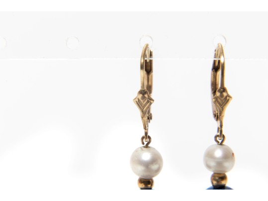14k Yellow Gold Cultured Pearl And Lapis Lazuli Drop Earrings