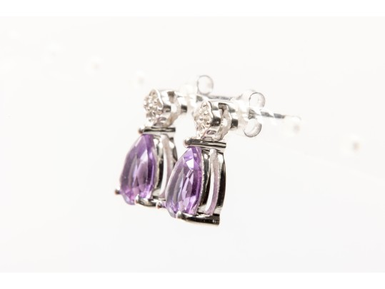 Sterling Silver Pair Of Pretty Pear Amethyst And White Sapphire Pendant Earrings