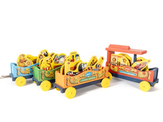 Early 2000's Fisher Price Toy Town Toyfest Wood Carts