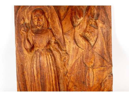 Wood Carved Maiden & Devil Relief
