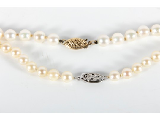Knotted Culture Pearl Necklaces With 14k Gold Clasps