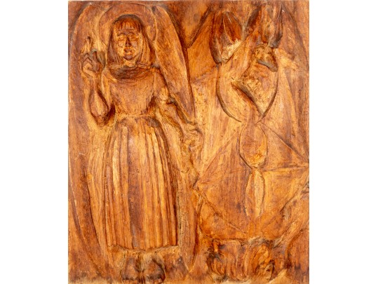 Wood Carved Maiden & Devil Relief