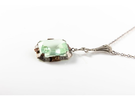 Antique 9K White Gold Uranium Glass Pendant Necklace