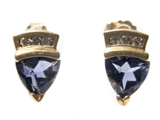 14k Yellow Gold Trillion Tanzanite And Diamond Stud Earrings