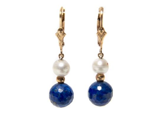 14k Yellow Gold Cultured Pearl And Lapis Lazuli Drop Earrings