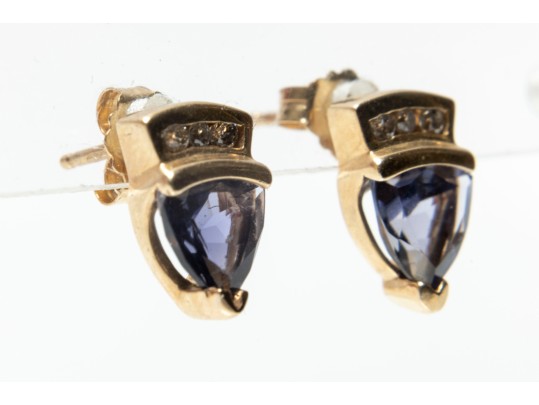 14k Yellow Gold Trillion Tanzanite And Diamond Stud Earrings
