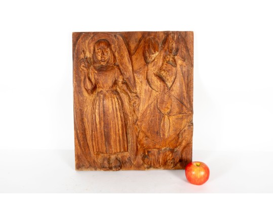 Wood Carved Maiden & Devil Relief