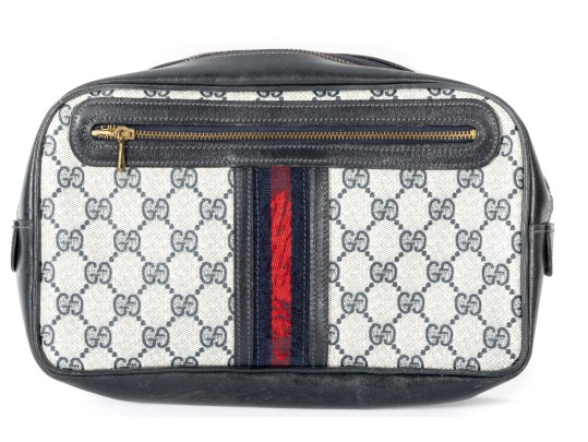 1980's Gucci Monogram Shoulder Bag With Navy Leather