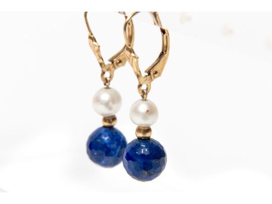14k Yellow Gold Cultured Pearl And Lapis Lazuli Drop Earrings