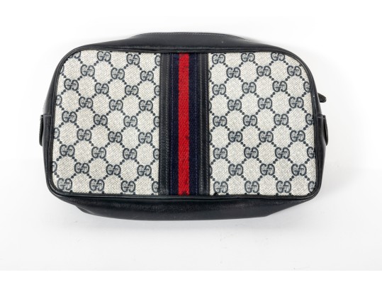 1980's Gucci Monogram Shoulder Bag With Navy Leather