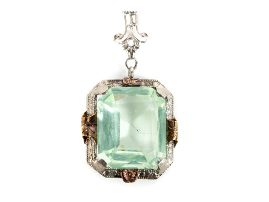 Antique 9K White Gold Uranium Glass Pendant Necklace