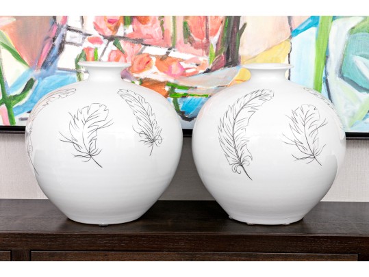 Pair Of Legend Of Asia Handmade Table Vases With Feather Motifs