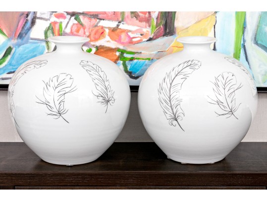 Pair Of Legend Of Asia Handmade Table Vases With Feather Motifs