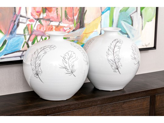 Pair Of Legend Of Asia Handmade Table Vases With Feather Motifs